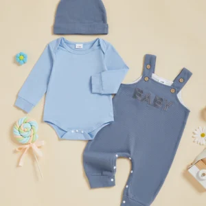 Adorable Baby Boy Autumn Ensemble Cozy Long Sleeve Romper Stylish Embroidered Overall Pants and Matching Beanie Cap - 3