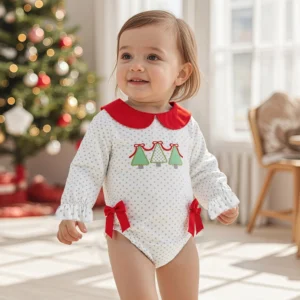 Baby Girl Christmas Bodysuit Long Sleeve Doll Collar Dots Print Bubble Romper Newborn Winter Playsuit