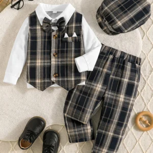 4Pcs Baby Boy Formal Wear Set with Long Sleeve Lapel Neck Shirt Plaid Button Down Vest Pants and Hat - Gentleman Outfit with
