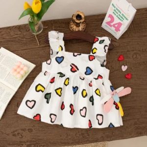 Baby Girl Dress Summer Full Printed Colorful Heart Girls Dress Cute Cotton Girls Dress with Bag Baby Girl Clothes