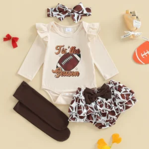 Adorable Baby Girl Autumn Ensemble Rugby Letter Print Romper with Ruffled Skirt Headband and Stockings - 4 Piece Set