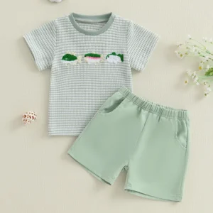 Infant Boy Outfit Set with Cute Animal Embroidery Short Sleeve Tee and Stylish Plaid Shorts for Summer 2 Piece Set