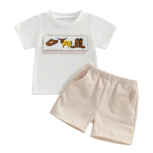 Pudcoco Toddler Baby Boy Western Outfit Cattle Short Sleeve Tops Printed Elastic Waist Shorts 2 Pcs Summer Set 3M-3T