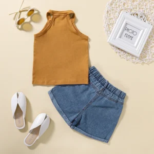 Girls Summer Outfits Set with Sleeveless Tank Tops and Stretch Denim Shorts in Solid Colors for a Casual Look