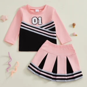 Girls 2PCS Cheerleader Costume Set with Long Sleeve O Neck Top and Pleated Skirt in Contrast Colors for Performance