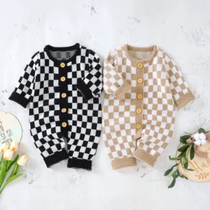 Lioraitiin Newborn Baby Sweater Romper Knitted Long Sleeve Checkerboard Plaid Print Jumpsuit Infant Knit Outfits Winter Clothes