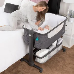 Grey Baby Bedside Bassinet - Foldable, Portable, with Storage Basket & Mattress/Travel Bag