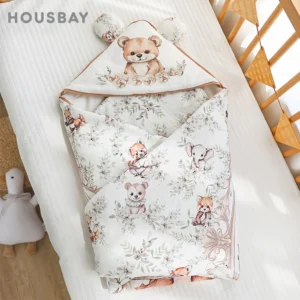 Newborn Baby Blanket For Discharge Boys Girls Cartoon Printed 100% Cotton Winter Warm Newborn Swaddle Wrap With Windproof Hooded