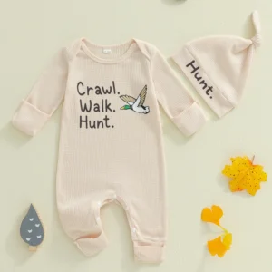 Infant Boy Autumn Waffle Romper with Letter and Bird Print Long Sleeve Round Neck Jumpsuit with Matching Hat for a Cozy Look