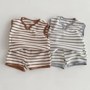 Summer baby clothes 0-5T solid color boys striped sleeveless T-shirt shorts set breathable girls vest short sleeved shorts set