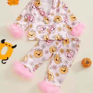 Adorable Infant Halloween Satin Pajamas Set with Ghost Print Lapel Long Sleeve Button Down Tops and Pants for Girls