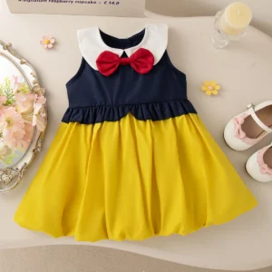 Girls Dresses Summer Bow Tie Lapel Sleeveless Gentle Girls Dresses Cute Casual Vacation Baby Girls Princess Dresses