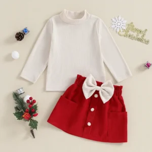 Infant Girls 2-Piece Autumn Ensemble with Mock Neck Top and Skirt featuring Pockets - Stylish Baby Clothing Set